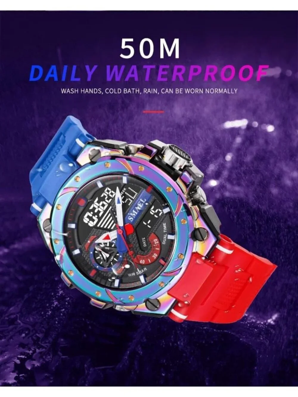 Men's Red And Blue Analog Quartz Sports Waterproof Military LED Digital Watch